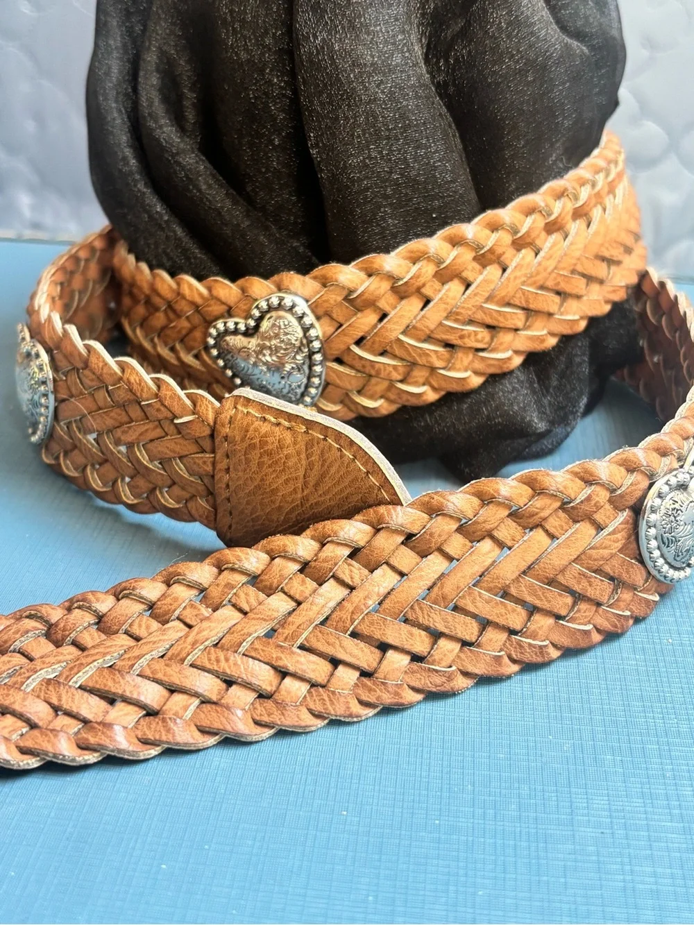 Brown Leather Weaved Southwestern Cowgirl Belt L With Silver Toned